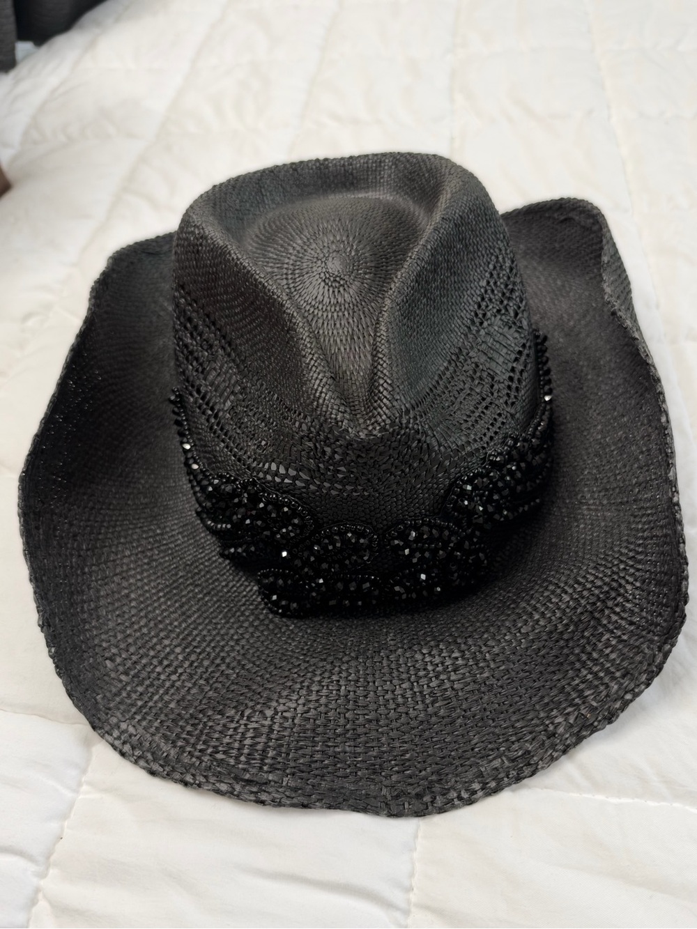 New with Tag Black Beaded Straw Cowgirl Hat - Women